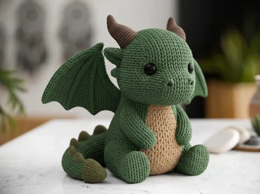 Knitted Cute Dragon Figurine – 3D Printed Whimsical Fantasy Collectible
