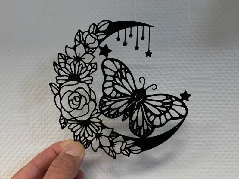 Moon with Butterfly and Flowers Wall Decor – 3D Printed Celestial Art