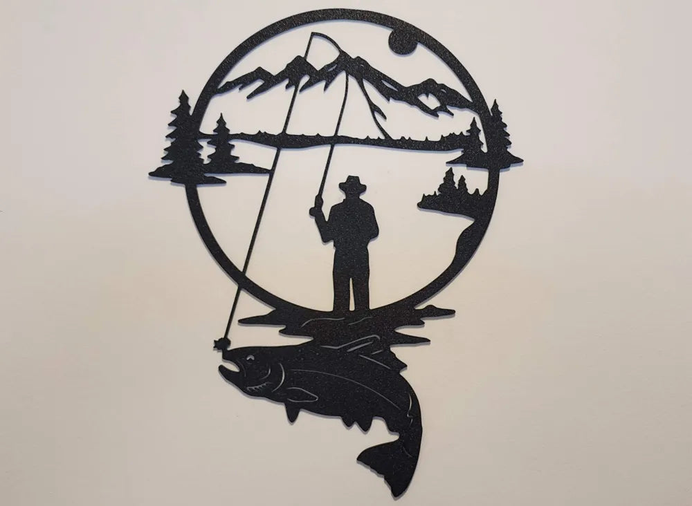 Mountain and Fishing Silhouette Wall Art
