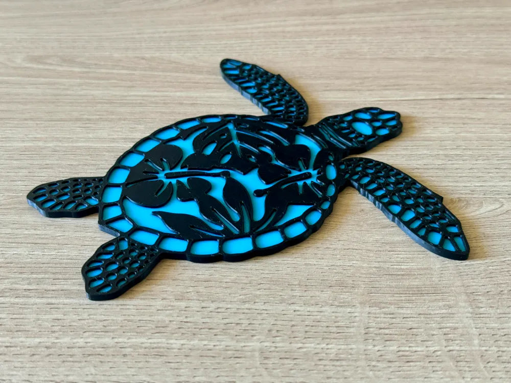 Sea Turtle with Flower Wall Art – 3D Printed Coastal Ocean Botanical Decor