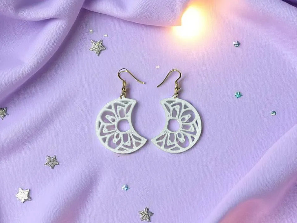 Mandala Moon Earrings – 3D Printed Celestial Spiritual Jewellery