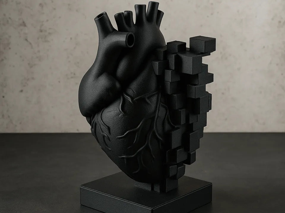 Matte Black Pixelated Heart Sculpture – Digital Meets Organic Modern Art