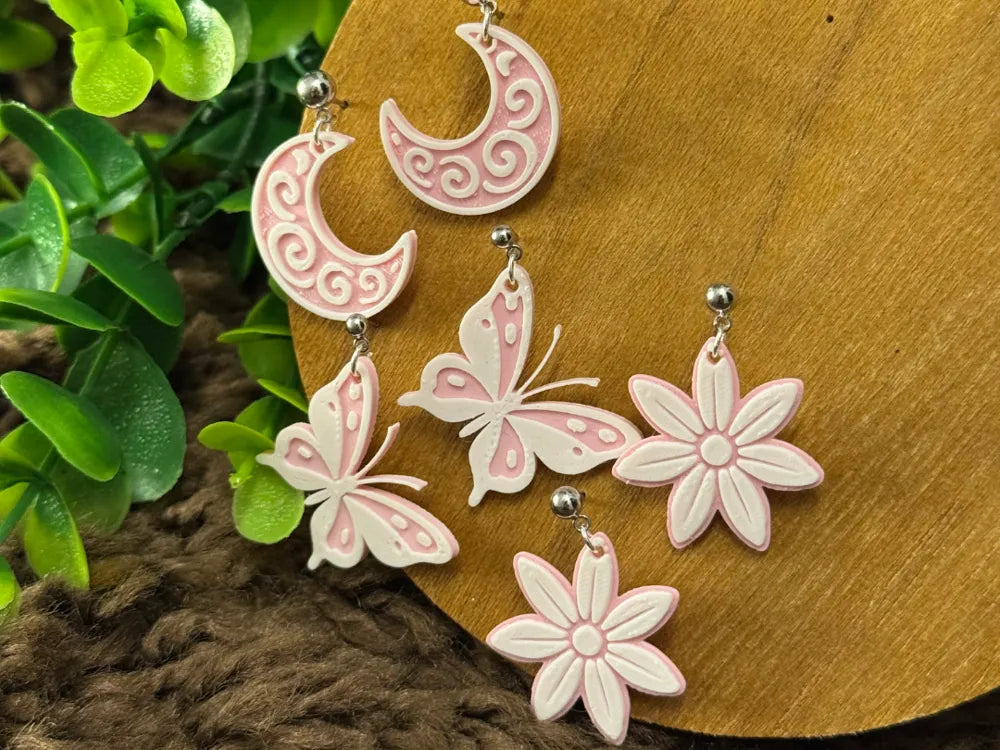 Butterfly Moon and Flower Earrings – 3D Printed Celestial Whimsical Jewellery