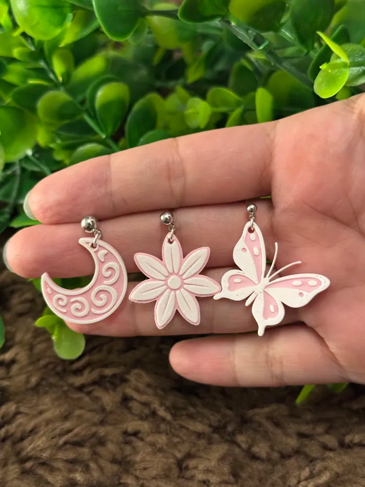 Butterfly Moon and Flower Earrings – 3D Printed Celestial Whimsical Jewellery