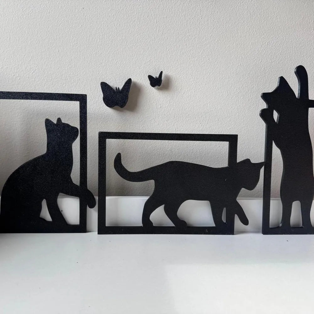 Playful Cats and Butterfly 3-Piece Wall Decor Set – 3D Printed