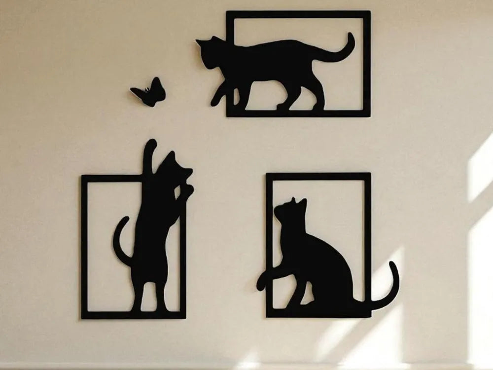Playful Cats and Butterfly 3-Piece Wall Decor Set – 3D Printed