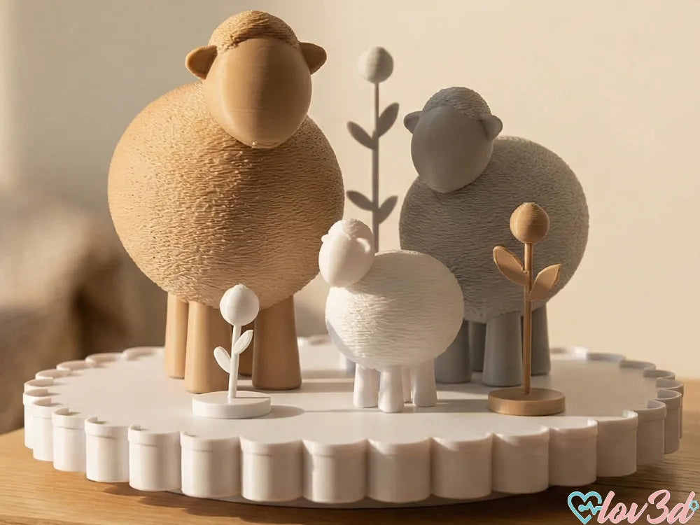 Cute Sheep Family and Flowers Set Fuzzy Skin – 3D Printed Figurines