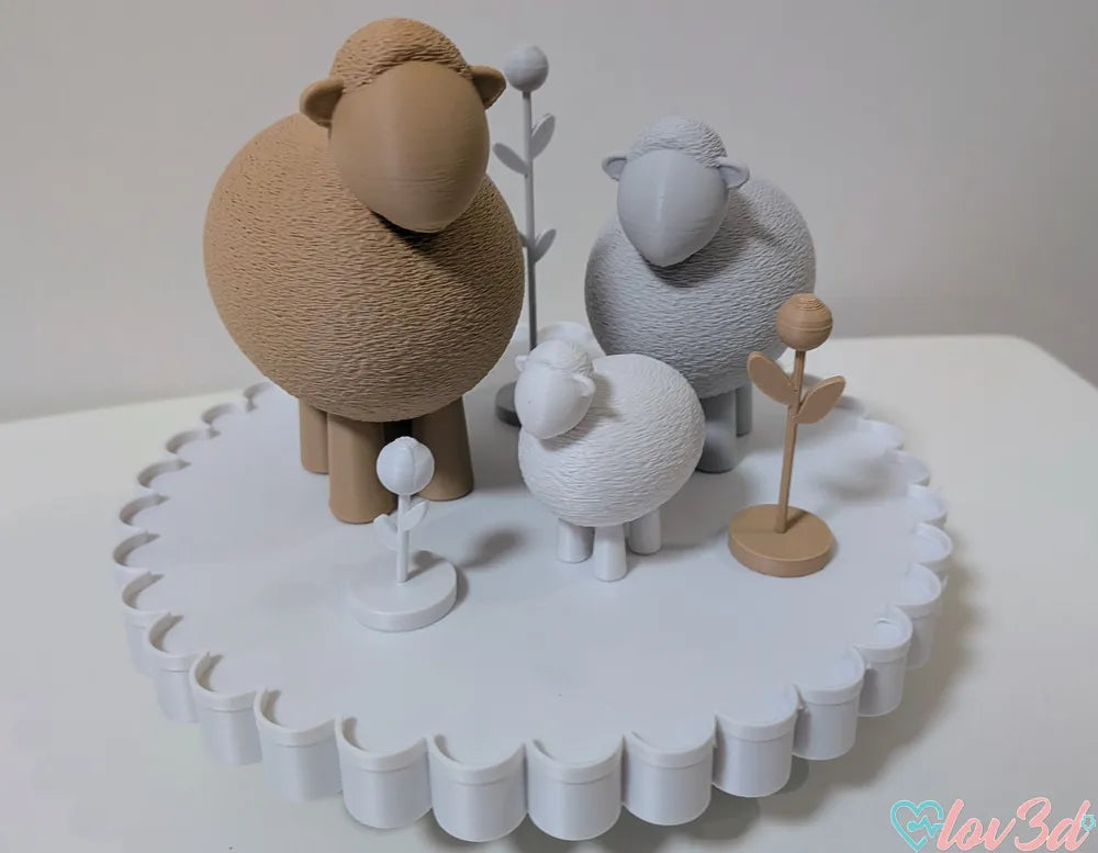 Cute Sheep Family and Flowers Set Fuzzy Skin – 3D Printed Figurines