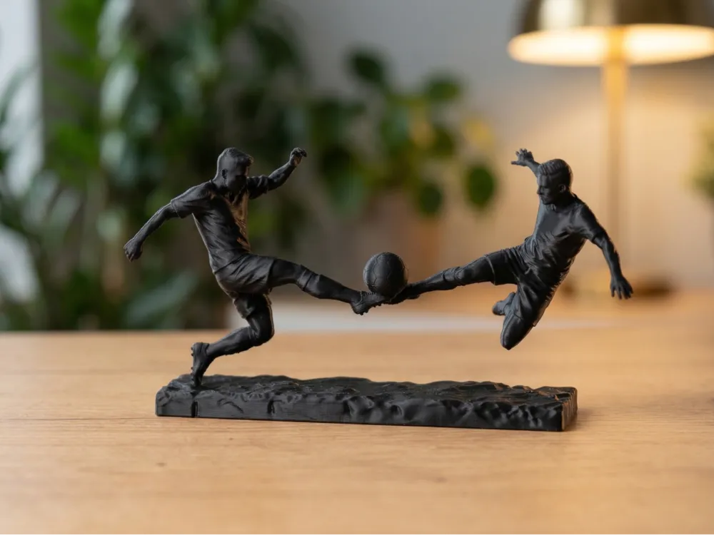 Dynamic Soccer Sculpture Mid Air – 3D Printed Football Athlete Art