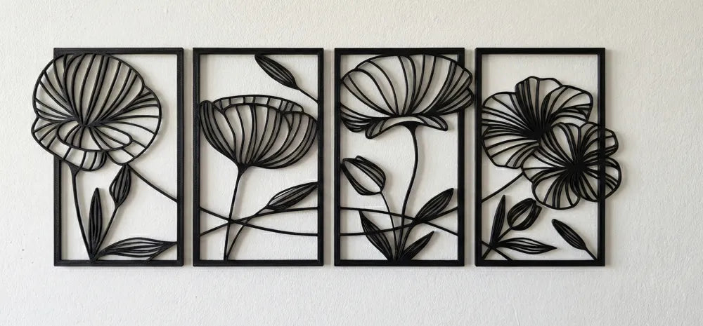 Minimalist Floral Wall Art 4 Panel Set – 3D Printed Botanical Gallery Collection