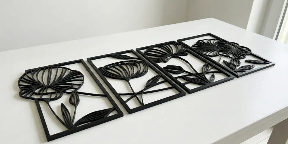Minimalist Floral Wall Art 4 Panel Set – 3D Printed Botanical Gallery Collection