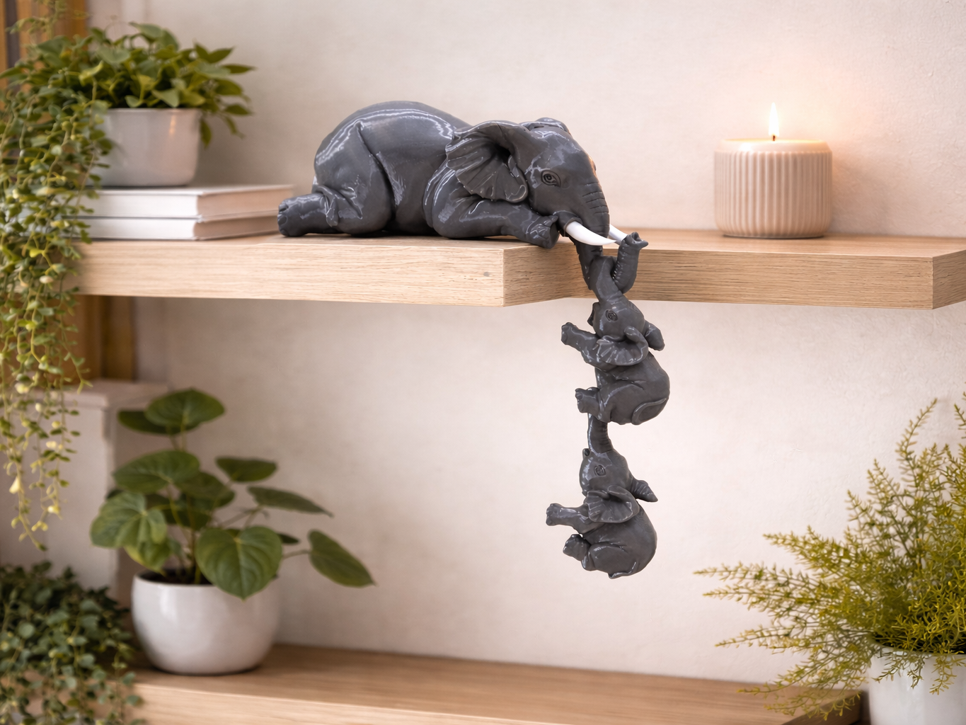 Hanging Elephant Family Shelf Decor – 3D Printed Lucky Elephant Set