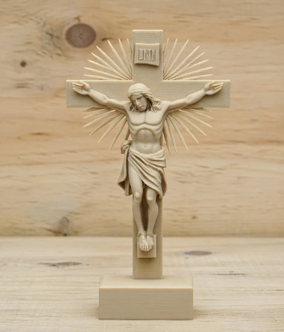 Jesus Christ Radiant Crucifix Sculpture – 3D Printed Light and Glory
