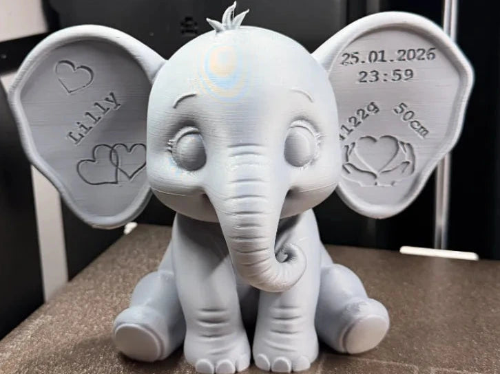 Cute Baby Elephant Birth Keepsake – 3D Printed Newborn Gift Figurine