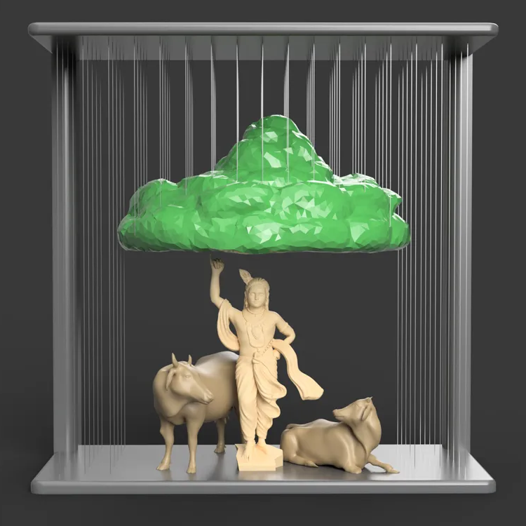 Krishna Lifting Govardhan Hill Strings Sculpture – 3D Printed Idol