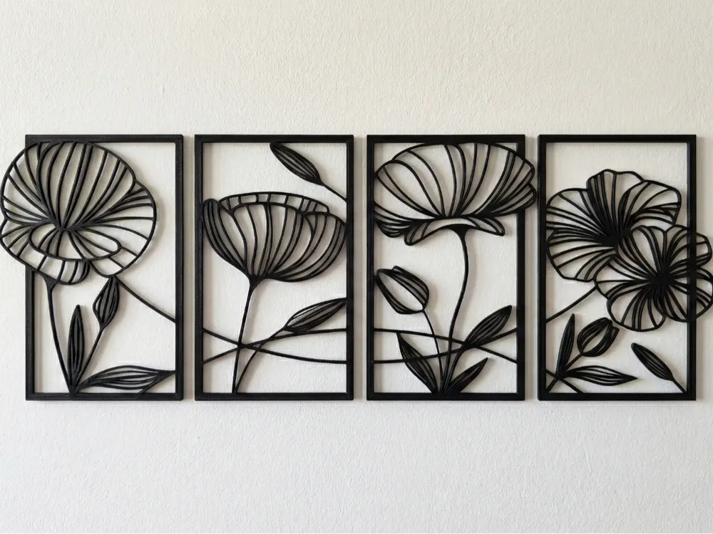 Minimalist Floral Wall Art 4 Panel Set – 3D Printed Botanical Gallery Collection